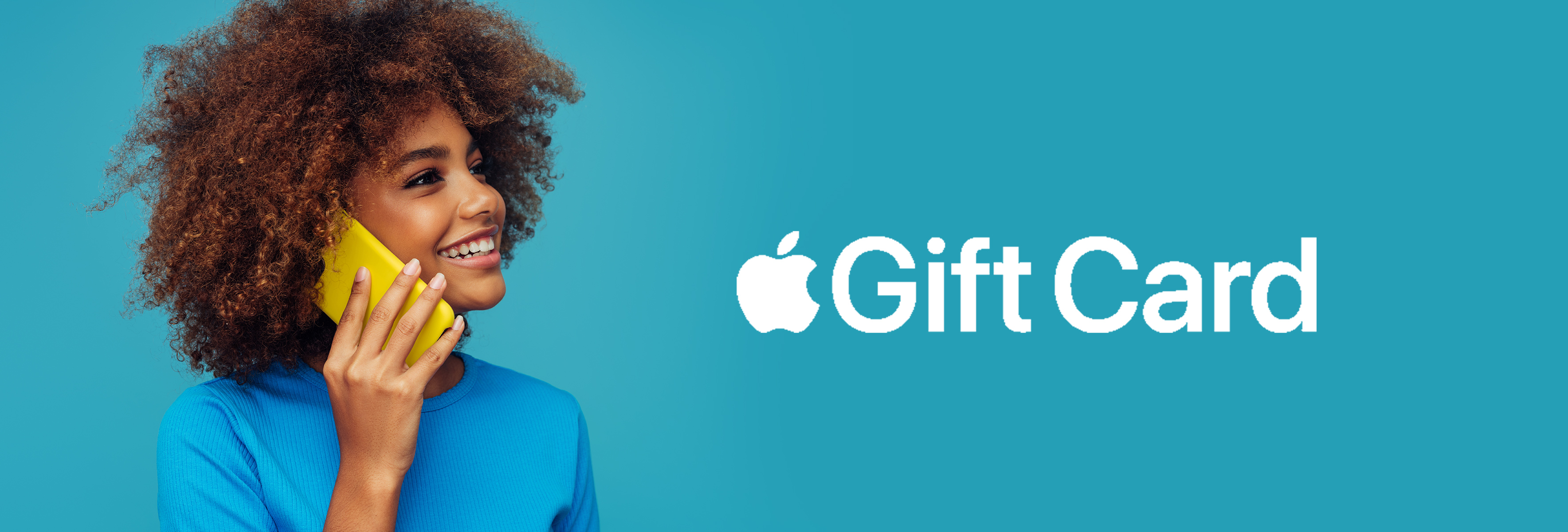 A person with curly hair holds a yellow cellphone, beside the text 'Apple Gift Card' on a bright turquoise background.